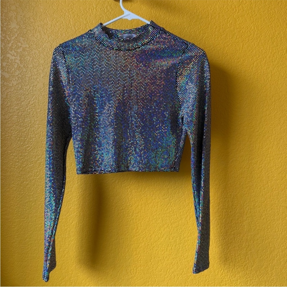 Black Bead Iridescent Long Sleeve Crop Top - Perfect for Raves, NYE
